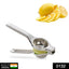 A hand holding a durable stainless steel lemon squeezer, ready for juicing.