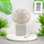 White portable handheld fan with a sleek design, ready for personal cooling.