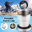 Folding camping cup with keychain, folded on a white background, showcasing its compact size.