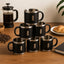 Set of six black double wall stainless steel coffee mugs with handles, 150 ML capacity each