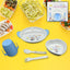 Complete 5-piece baby feeding set with cartoon design plate, bowl, mug, spoon, and fork.