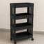 A 4-layer plastic storage rack, ideal for kitchen or bathroom, shown with wheels for easy movement.
