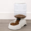 White automatic pet food dispenser with clear food storage bottle for dry kibble