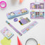 Vibrant 12-piece Stationery Kit for Kids with metal pencil box, front view.