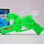 Child holding a colorful musical laser light toy gun with bright effects.