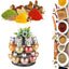 Revolving spice rack with 16 transparent jars, showcasing organized spices.