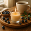 Blueberry Scented Candle in a clear glass votive, lit and glowing warmly.