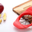 Ganesh Apple Cutter in action, showing perfect slices of a red apple.