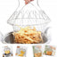 Stainless steel foldable strainer basket being used to drain freshly cooked pasta.