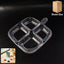 Front view of plastic 4-compartment serving tray showing clear sections