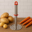 Stainless steel potato masher with ergonomic handle on white background