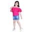 Generic Girl's Rayon Solid Cold Shoulder Top with Shorts (Pink-Blue)