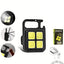 A black LED keychain light with four bright yellow square lights, accompanied by circular insets showing its features and a
