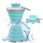 A blue silicone collapsible water bottle shown both upright and compactly folded.