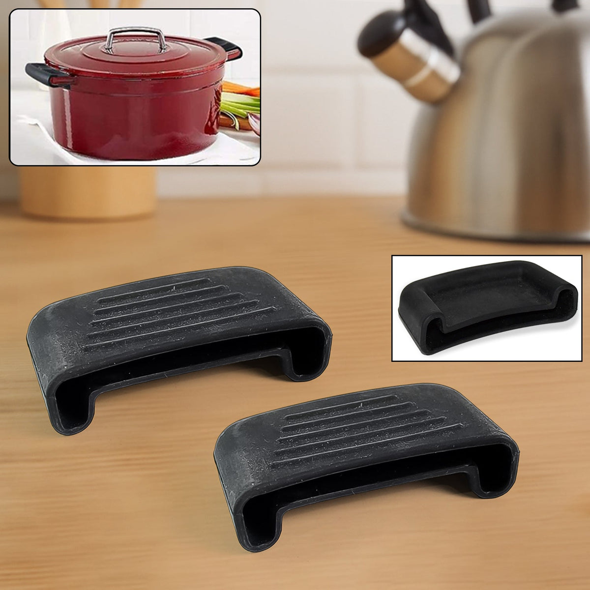 Silicone pot handle sleeve providing heat resistant grip on metal cookware handle Main image