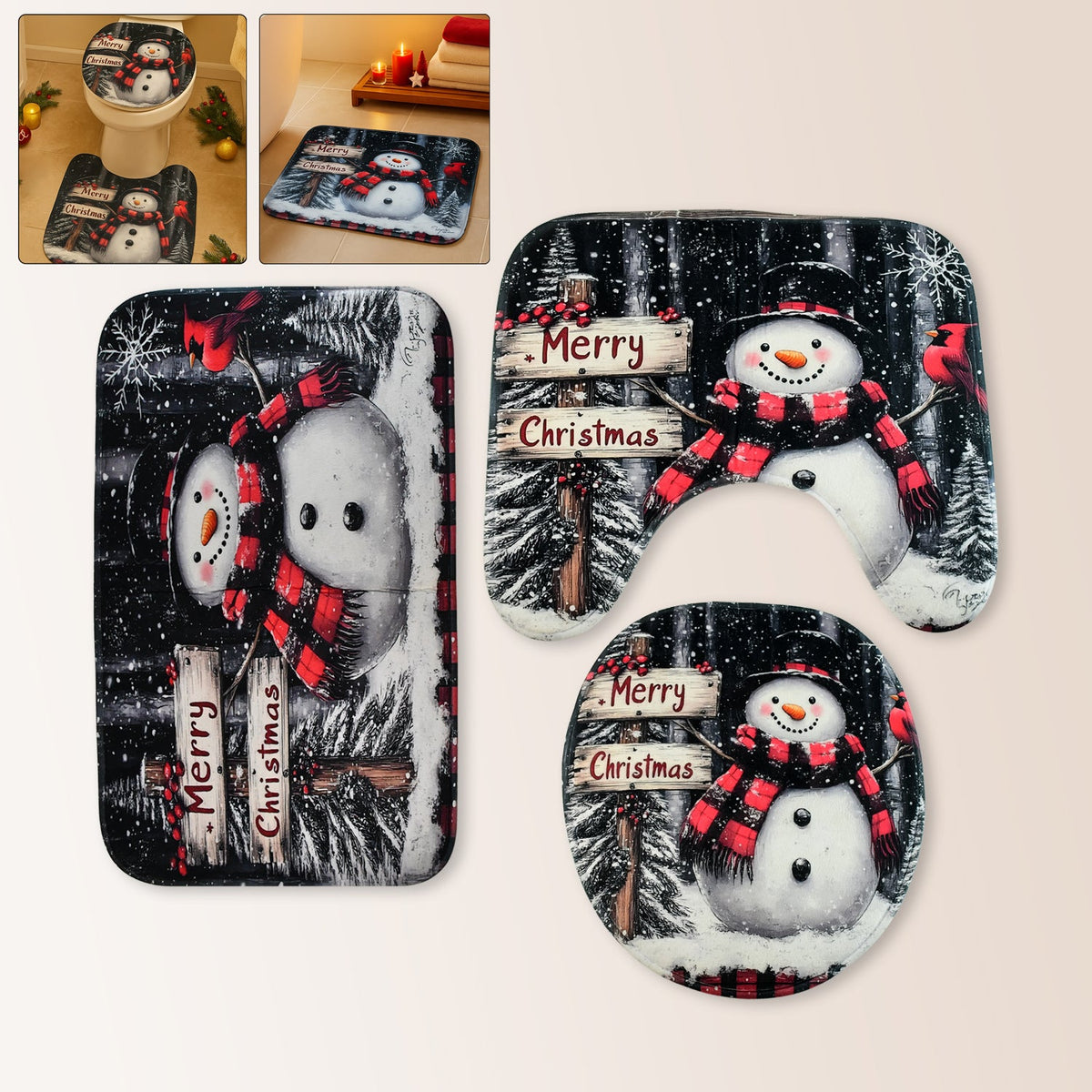 Christmas-themed bathroom mat set with snowman print and festive design Main image
