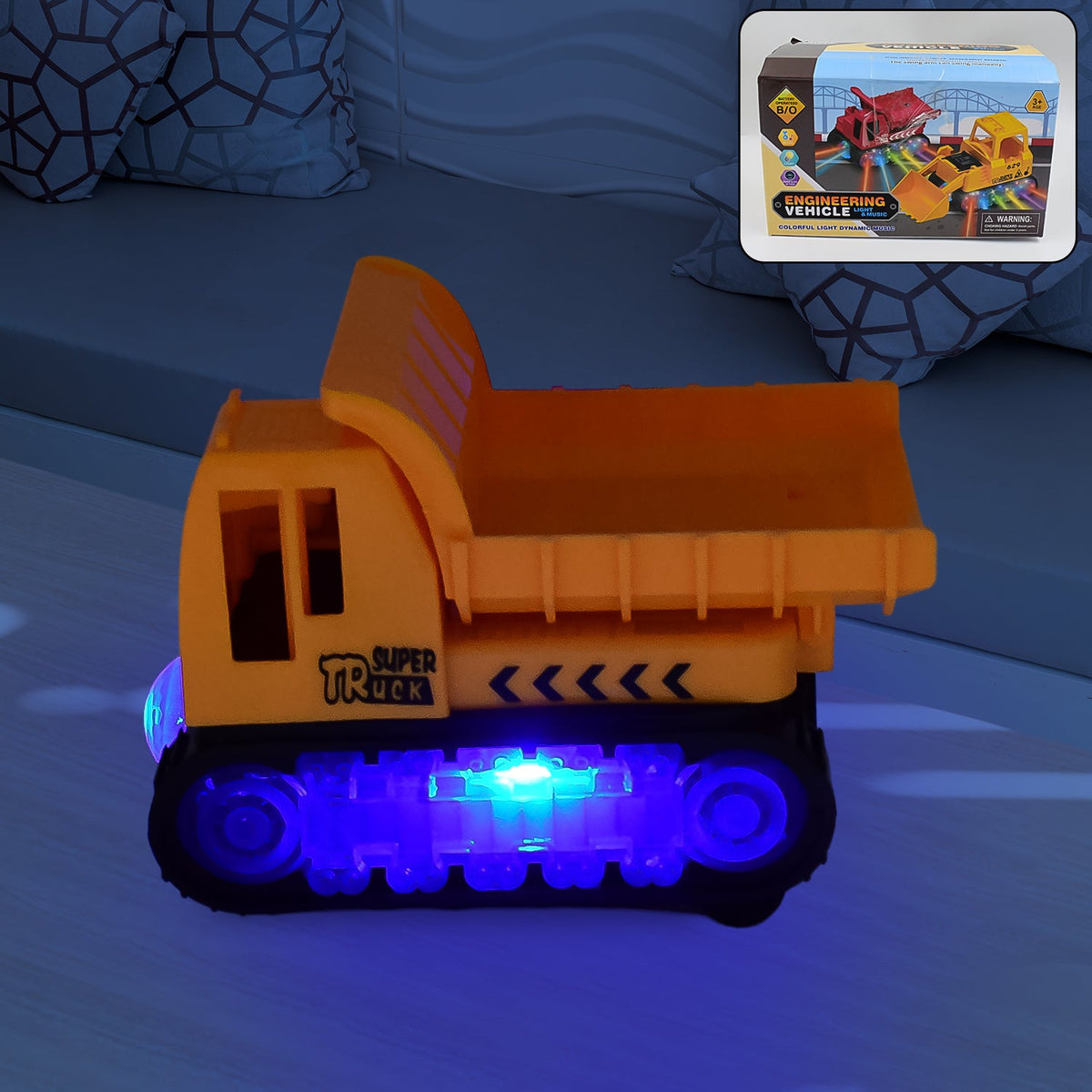 A vibrant yellow self-driving dump truck toy for kids with lights on a white background. Main image