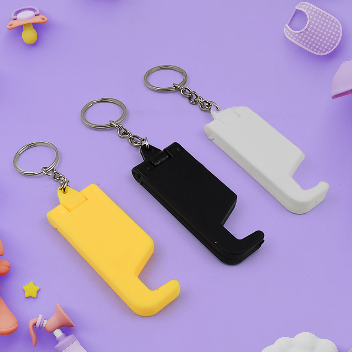 Multicolor plastic keychain mobile stand displaying smartphone support. Main image