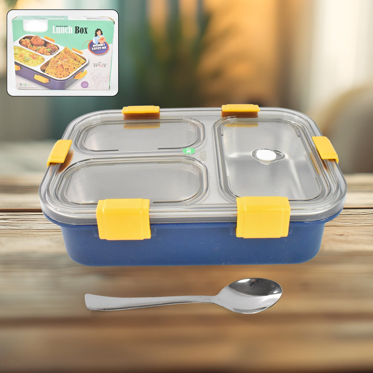 3 compartment stainless steel lunch box with transparent lid for kids Main image