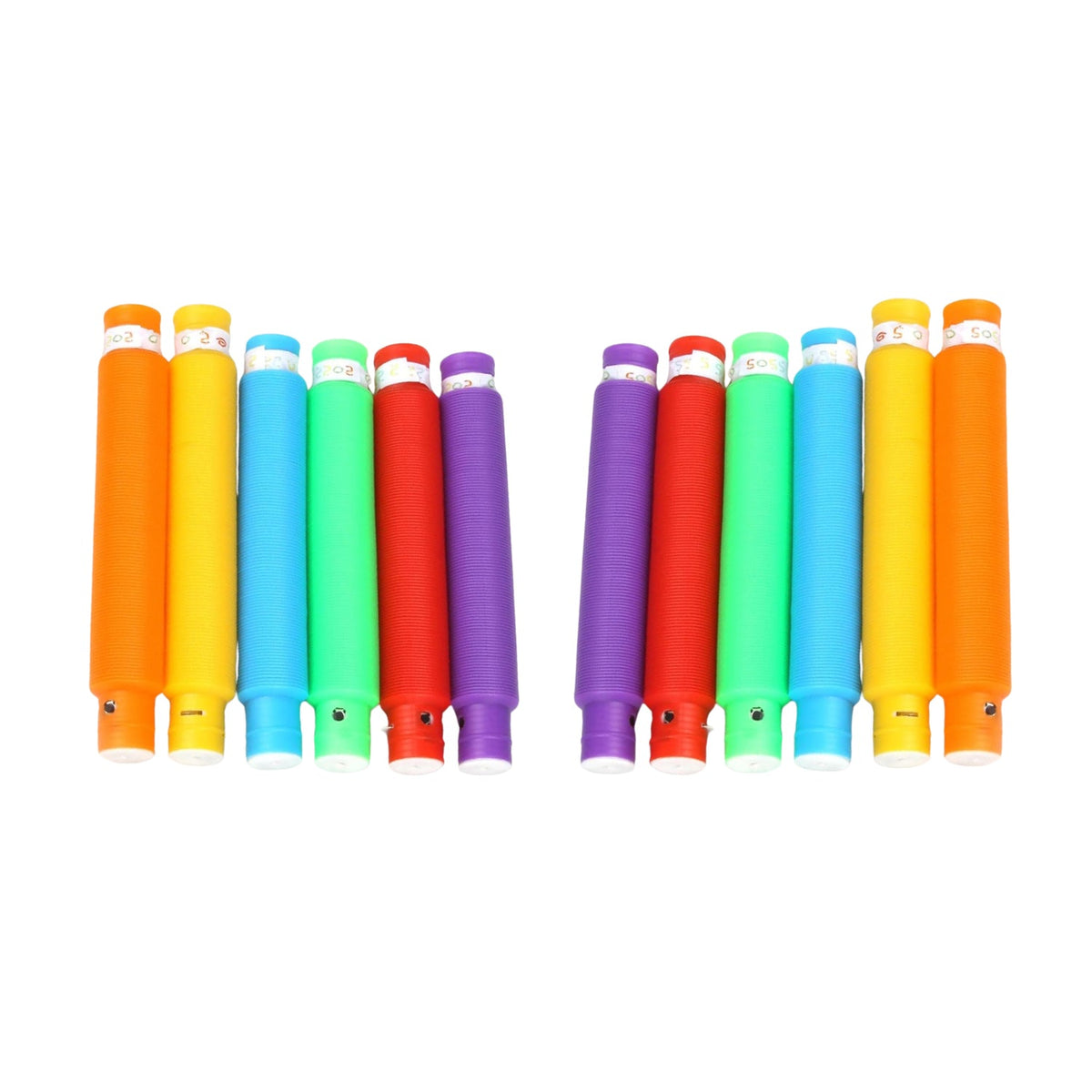 Child's hands stretching a yellow pop tube, demonstrating its flexibility.