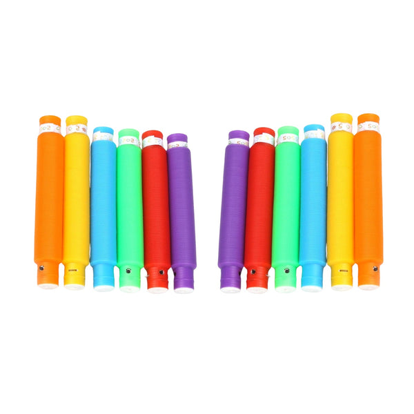 Child's hands stretching a yellow pop tube, demonstrating its flexibility.