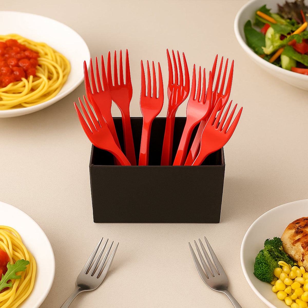 Pack of 8 red disposable plastic forks neatly arranged Main image