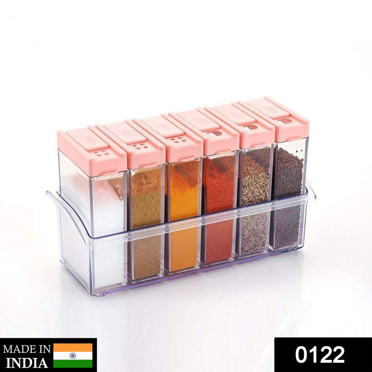 Airtight plastic spice jars in vibrant multicolor, neatly arranged. Main image