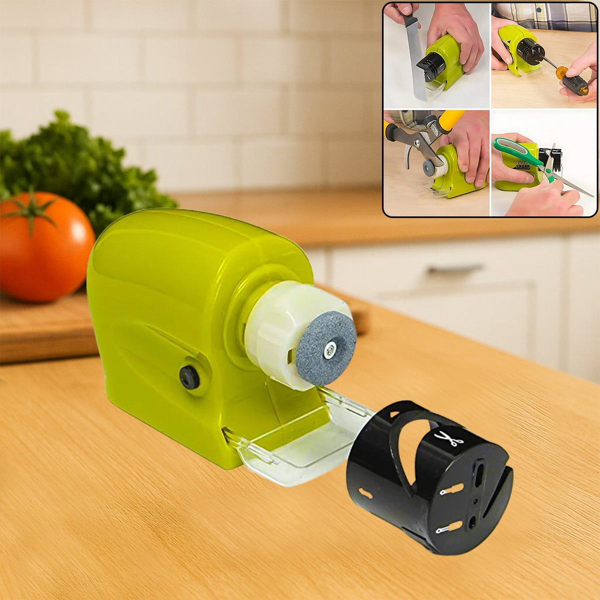 Main view of the Cordless Knife Sharpener, ready for use in any kitchen. Main image
