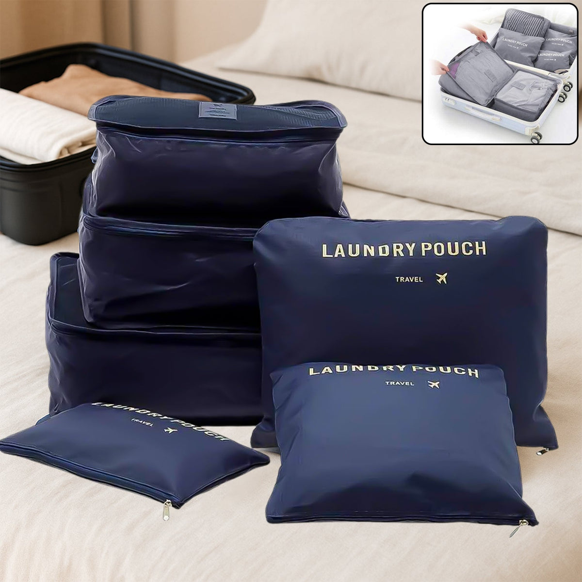 Cloth Organizer Pouch 6-piece set displayed for travel packing. Main image