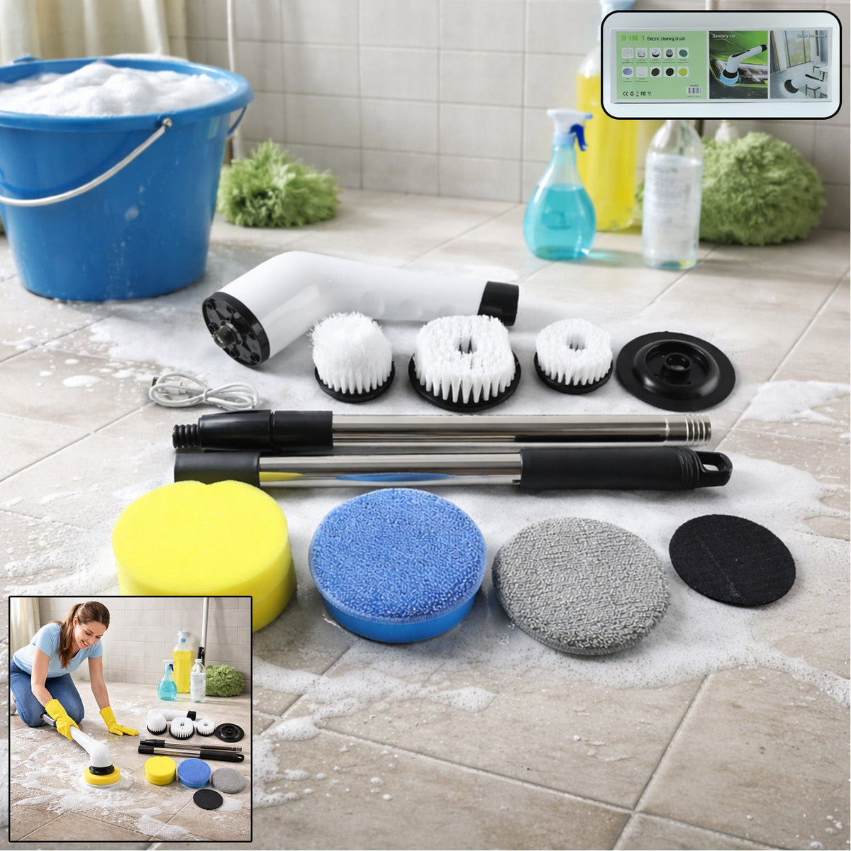 Electric Spin Scrubber with telescopic handle and 9 attachments, ready for home cleaning. Main image