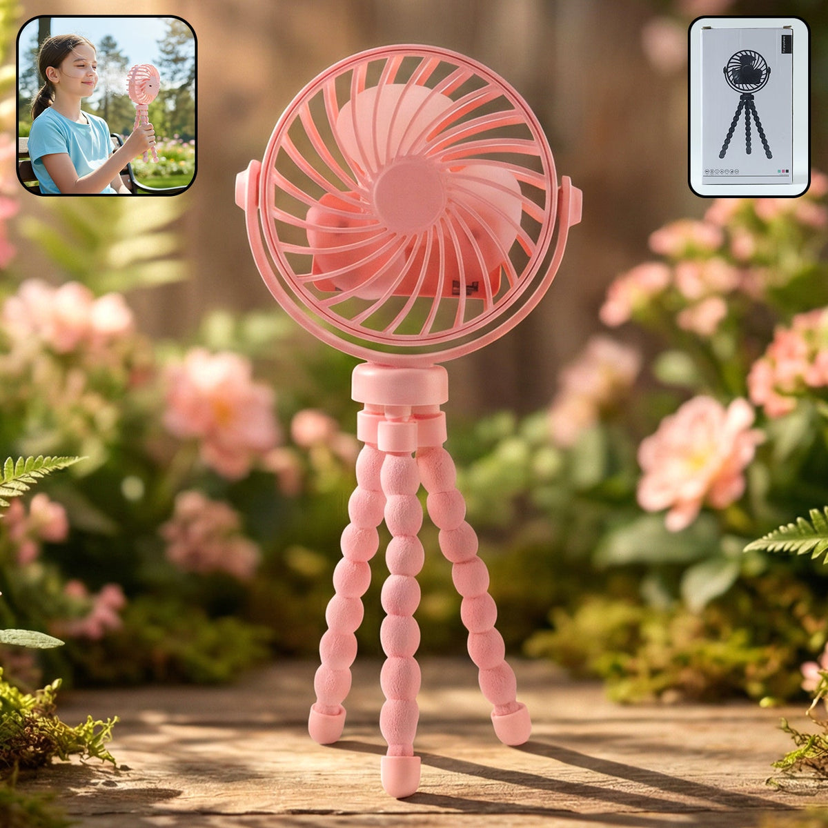Rechargeable portable LED fan with flexible tripod stand on a wooden desk Main image