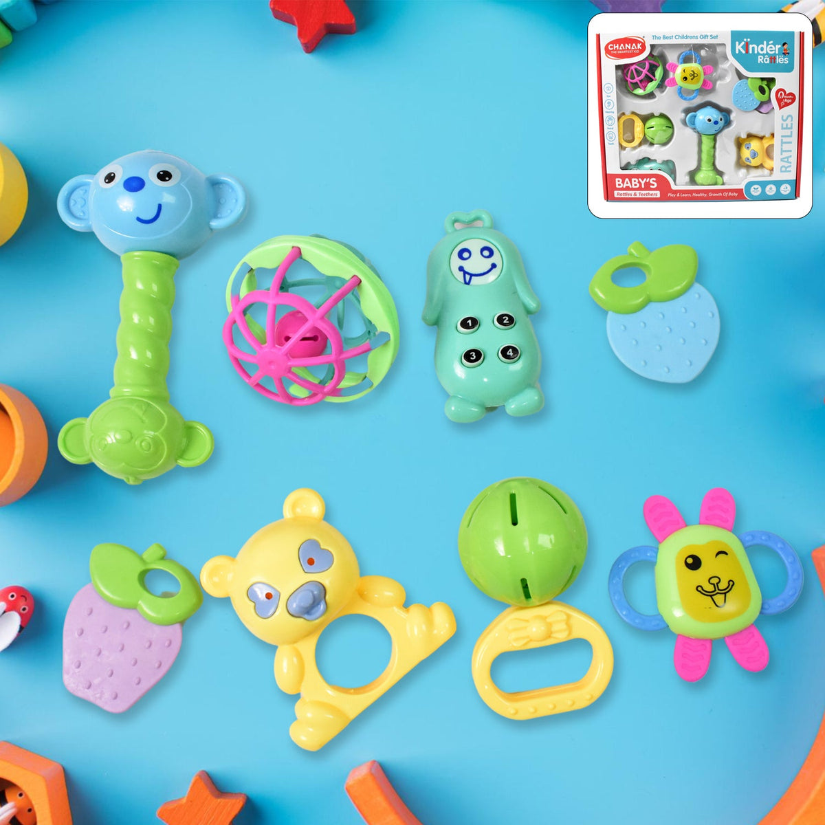 Vibrant 8-piece non-toxic Baby Rattle & Teething Set displayed Main image