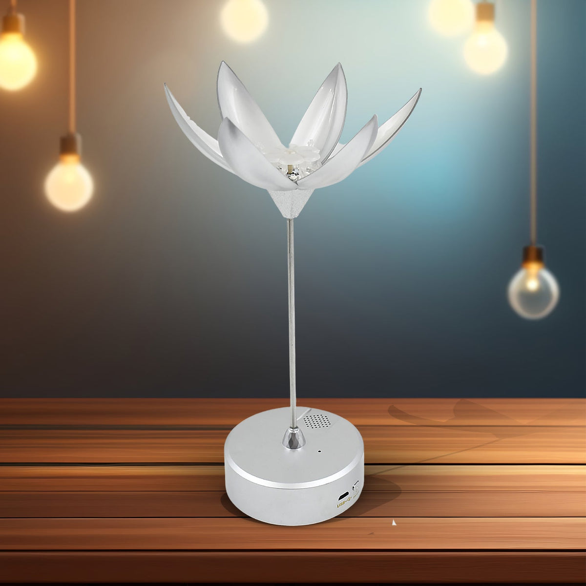 An elegant Lotus Flower Lamp with its petals fully open, emitting a warm glow and ready to play music. Main image