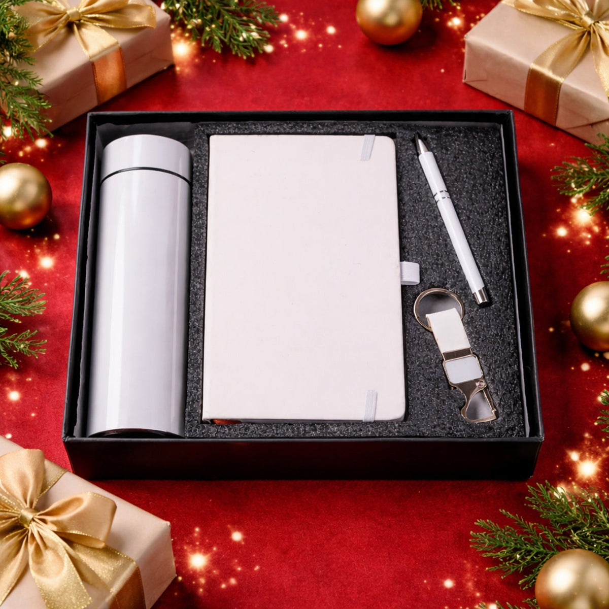 Premium 4-in-1 corporate gift set including bottle, notebook, pen, and keychain Main image