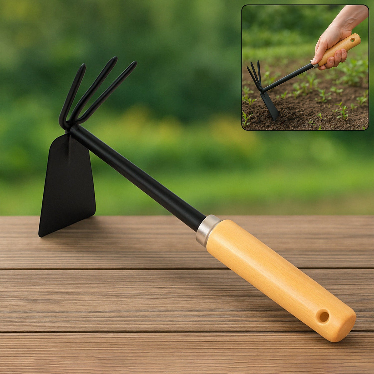 Close-up of the 2-in-1 double hoe, highlighting its wooden handle and durable carbon steel head. Main image