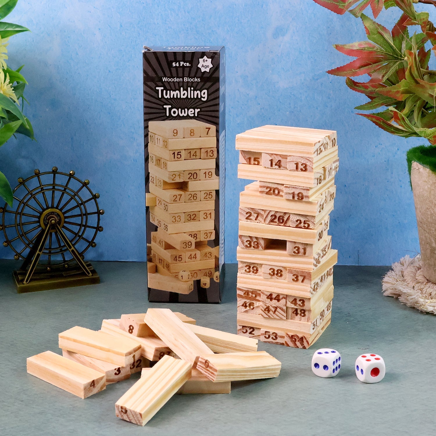 Wooden Tumbling Tower Game – 54 Numbered Blocks & Dice Set Secondary image