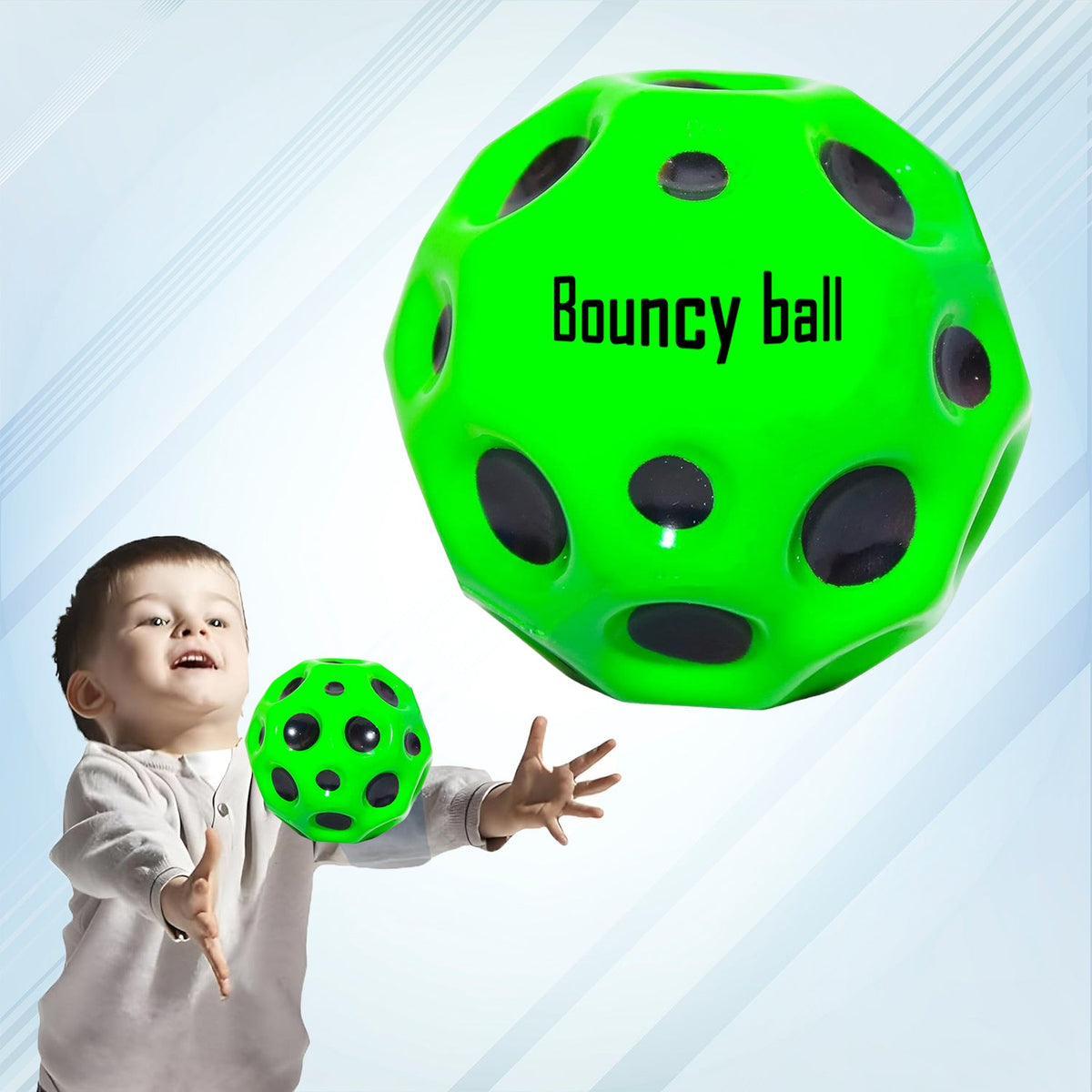 Vibrant multicolor rubber bouncy ball for kids featuring a unique moon crater texture. Main image