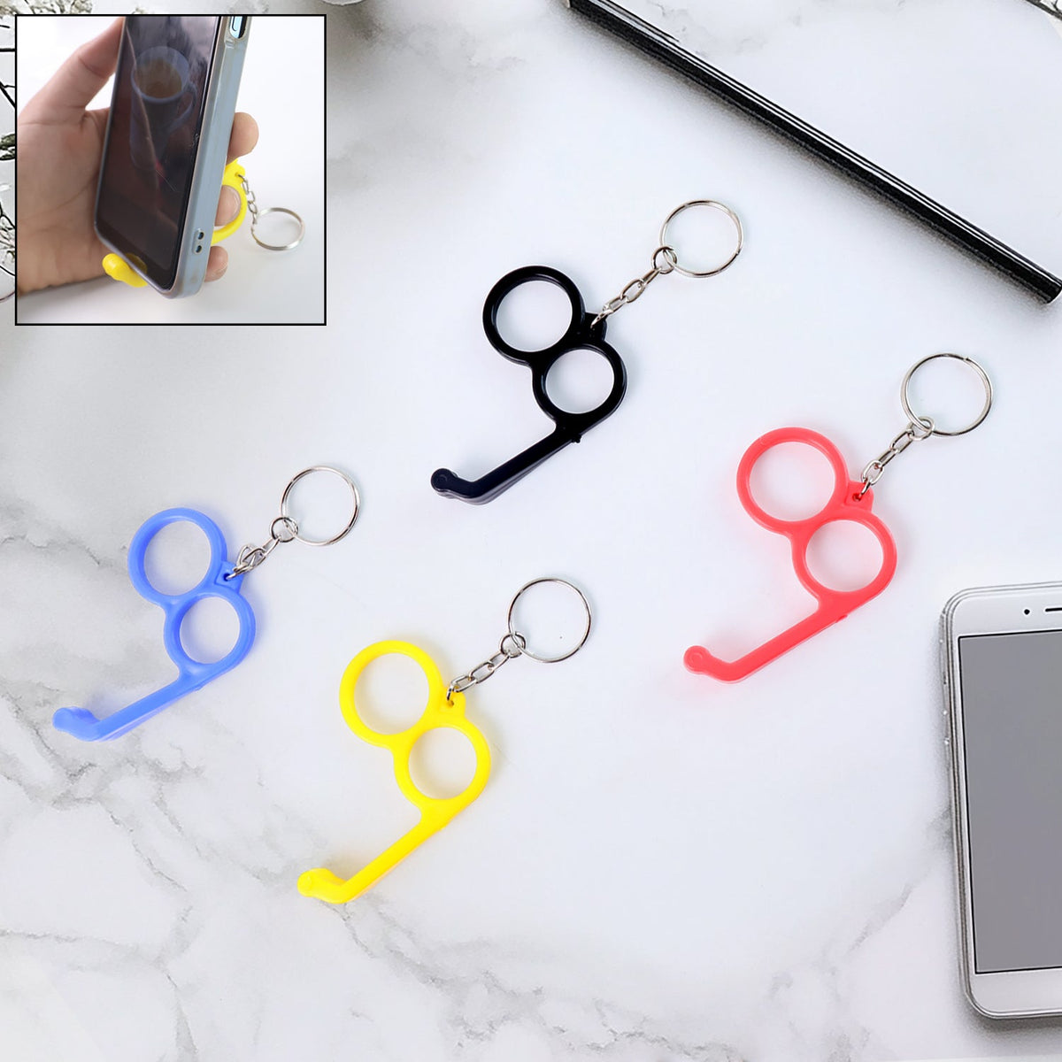 Dual-finger mobile stand keyring in mixed vibrant color holding a smartphone securely Main image