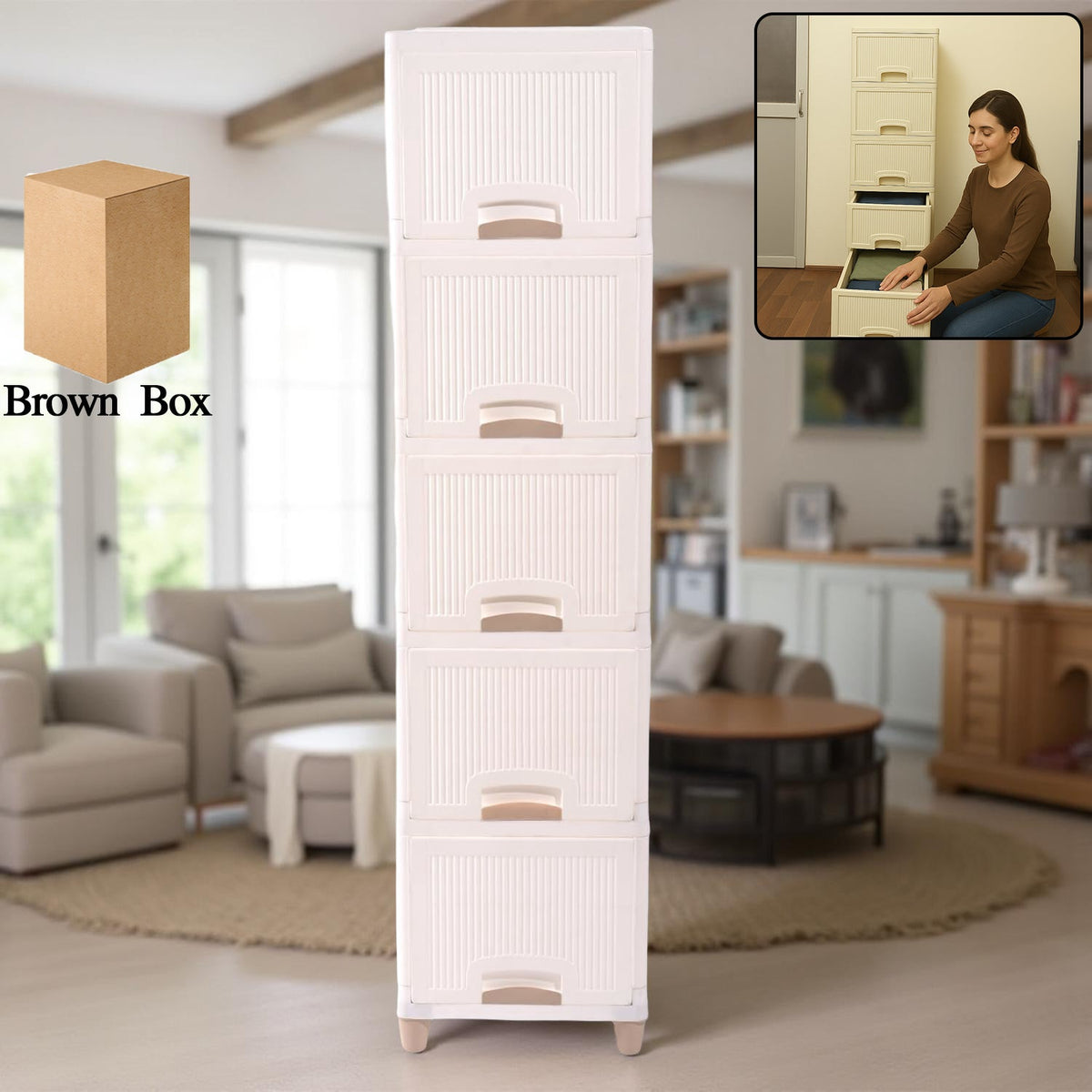 Multi-purpose 5-layer plastic storage drawer cabinet in white with ribbed texture Main image