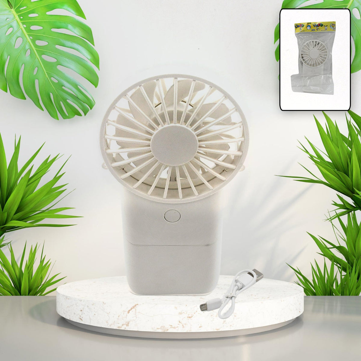 White portable handheld fan with a sleek design, ready for personal cooling. Main image