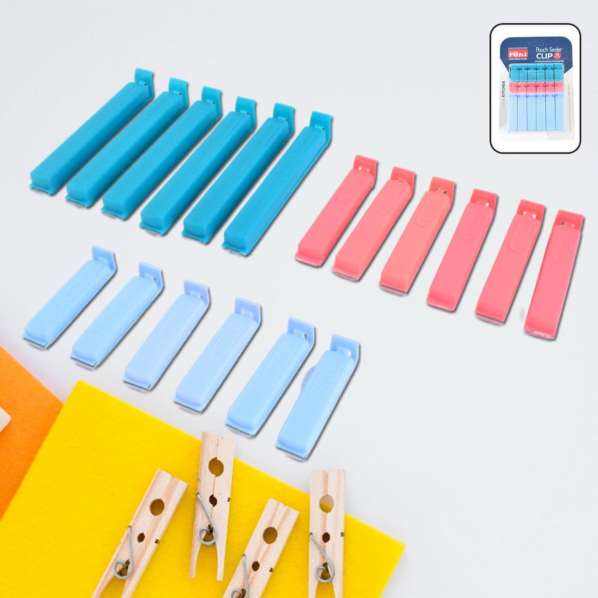 Set of 18 multicolor pouch sealer clips for versatile food storage. Main image