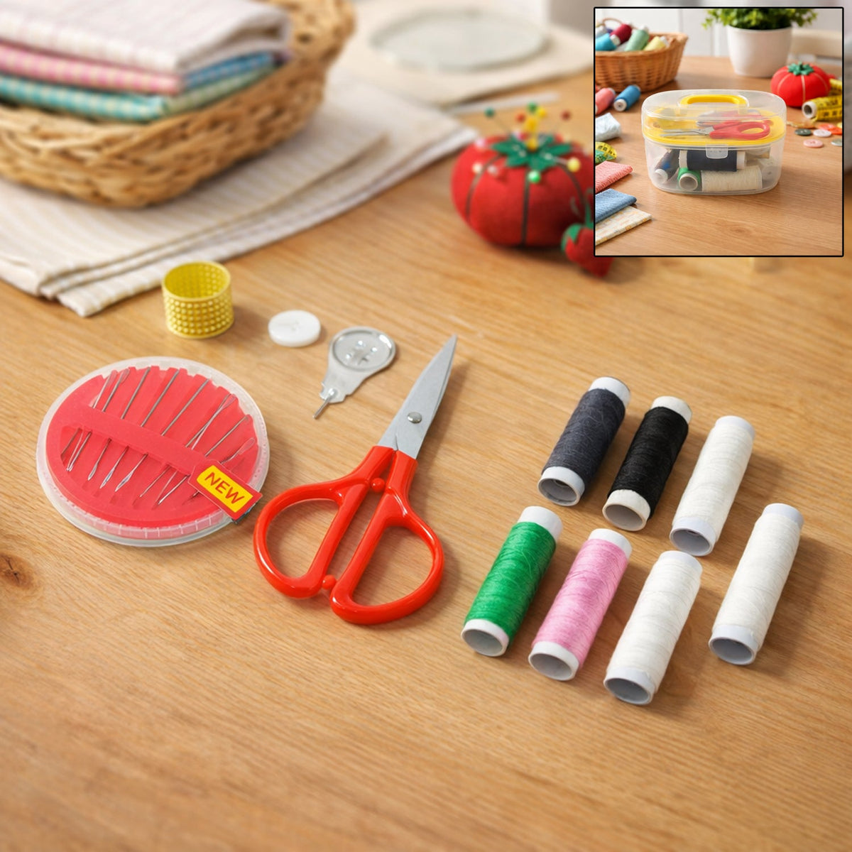 Compact sewing kit with needles, threads, scissors and measuring tools Main image