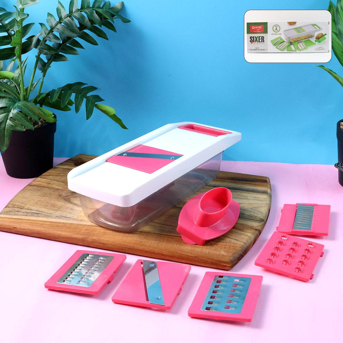 Complete 6-in-1 vegetable slicer set with storage container and interchangeable blades. Main image