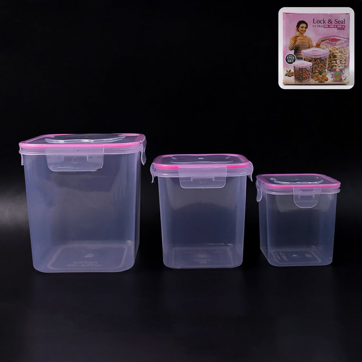 Airtight kitchen storage container set of 3 with lock seal lids keeping food fresh Main image