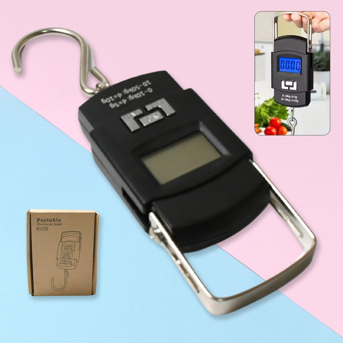 Digital weighing scale with hook, displaying a clear LCD screen. Main image