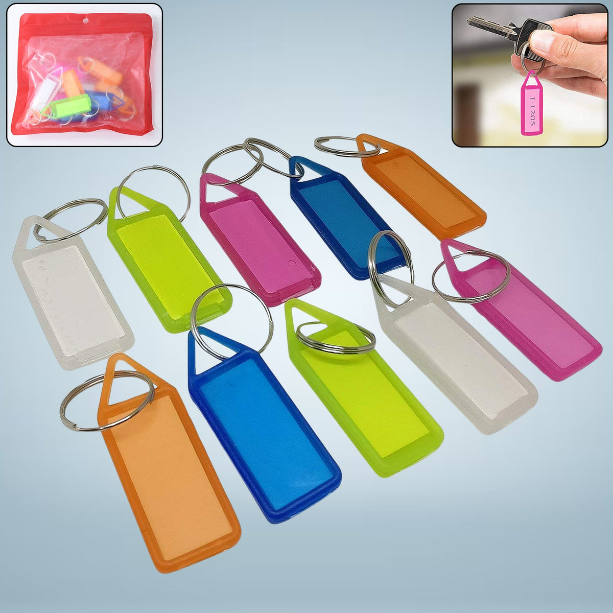 Set of 10 colorful plastic keychain tags with translucent design for key organization Main image
