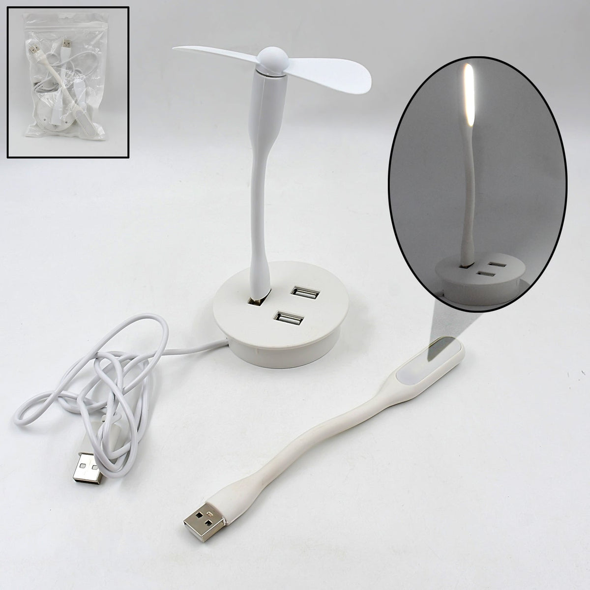 Portable USB Fan and LED light with 3-port USB hub. Main image