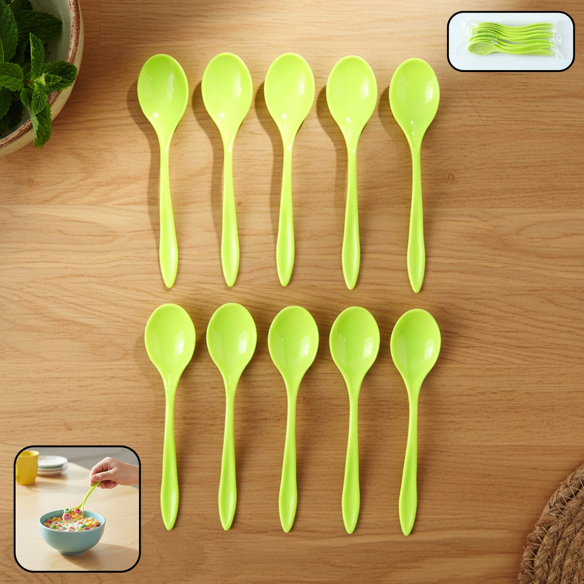 Set of 10 white plastic spoons for dining and serving, neatly arranged. Main image