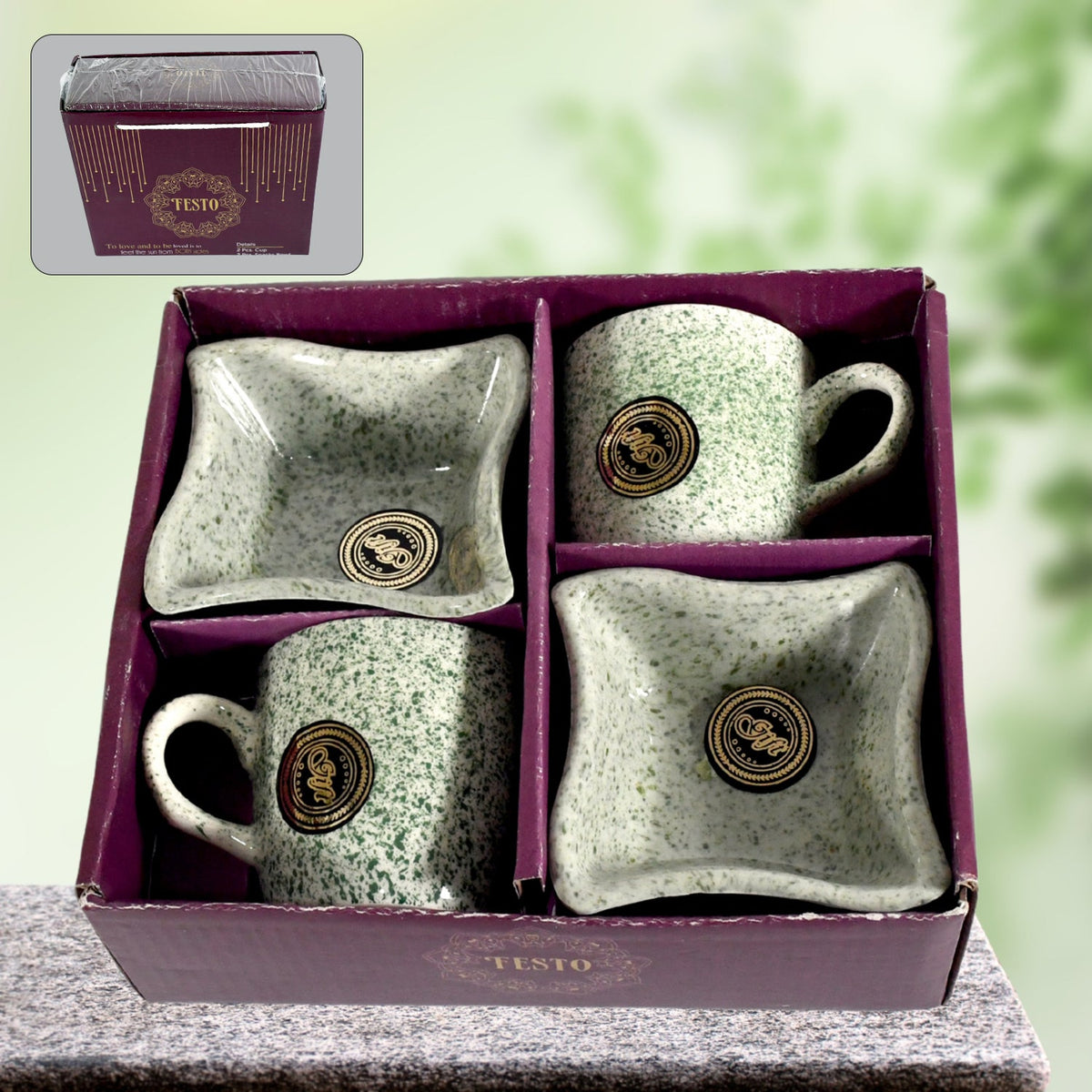Elegant ceramic tea cup set with matching snack bowls, ideal for serving beverages and treats. Main image