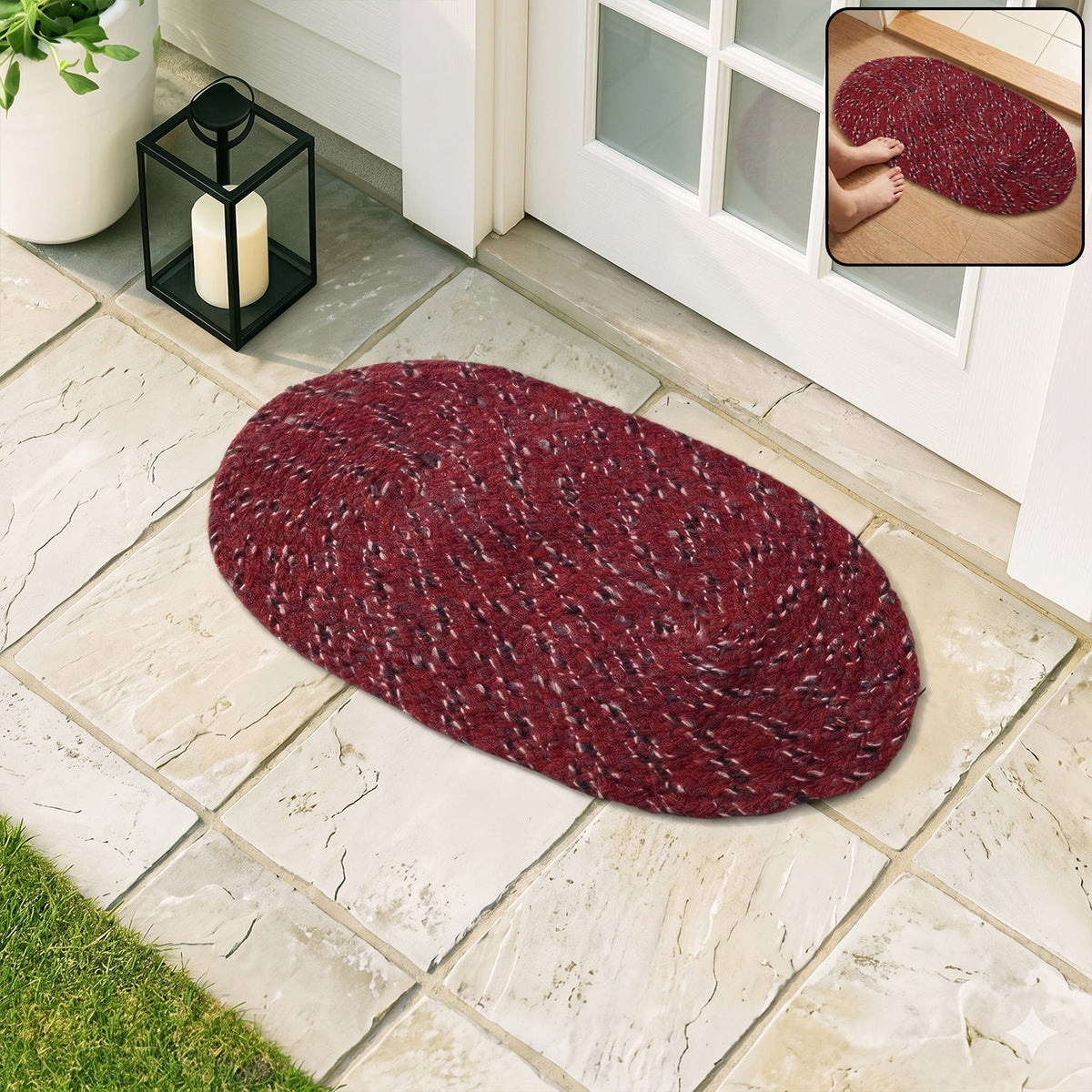 Red oval non-slip door mat for indoor safety Main image